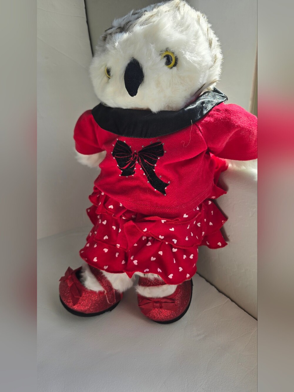Plush Owl Doll in Red Heart Dress with Bow Detail